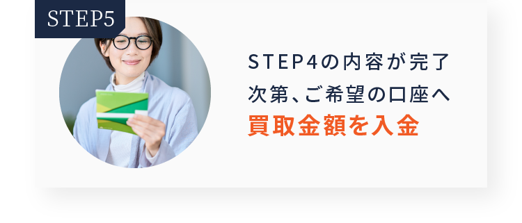 step05 STEP4の内容が完了次第、ご希望の口座へ買取金額を入金