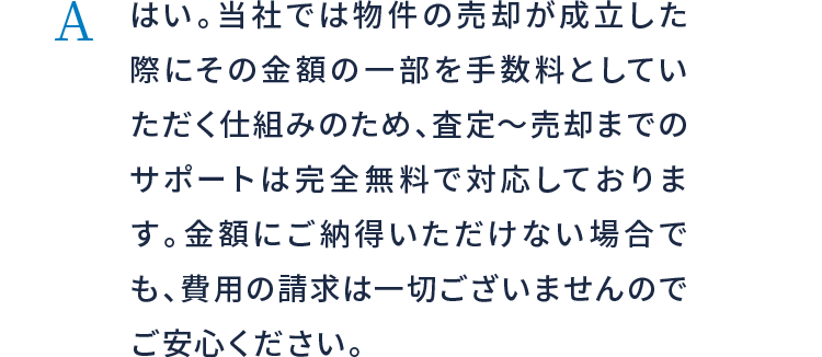 はい。当社では物件の売却が成立した際にその金額の一部を手数料としていただく仕組みのため、査定〜売却までのサポートは完全無料で対応しております。金額にご納得いただけない場合でも、費用の請求は一切ございませんのでご安心ください。